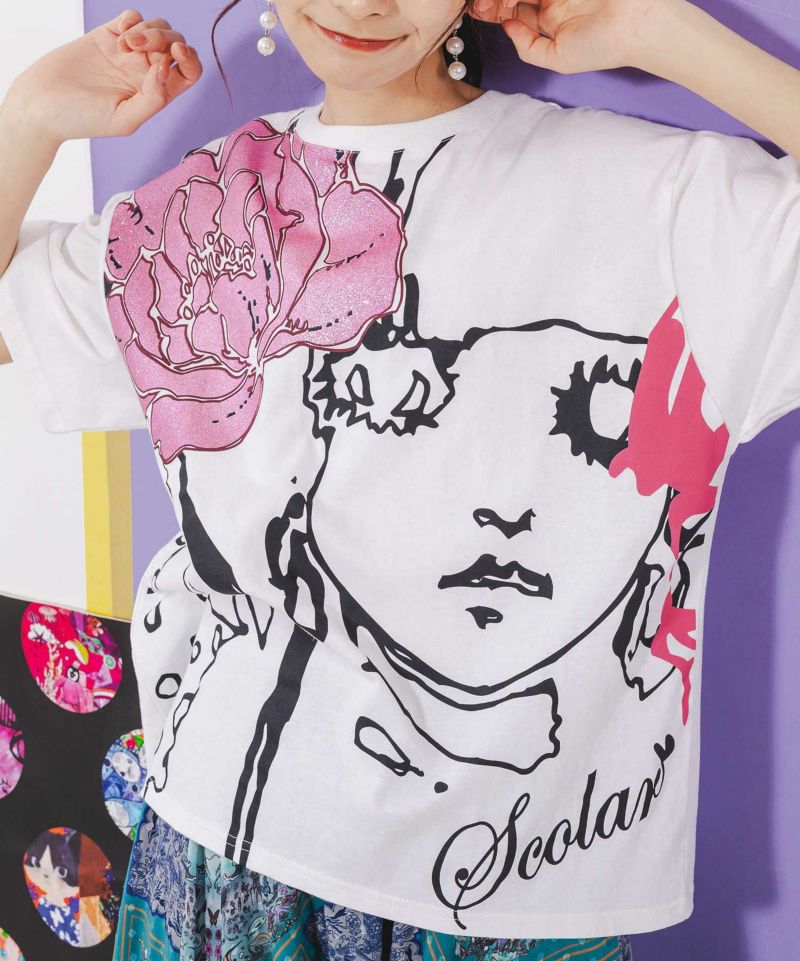 Re:花飾りをした女の子 ラメプリントTシャツ-6