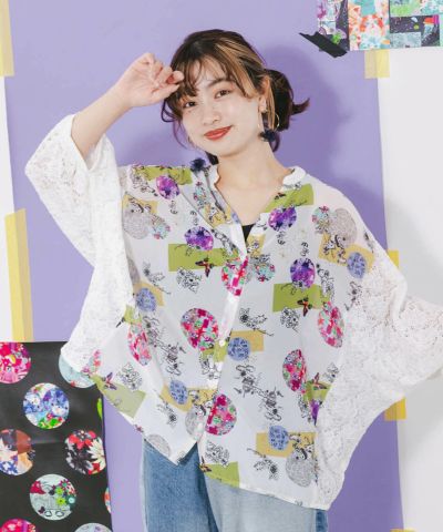 142654：シフォン×レース 水彩ドット柄シャツカーディガンの通販-ScoLar