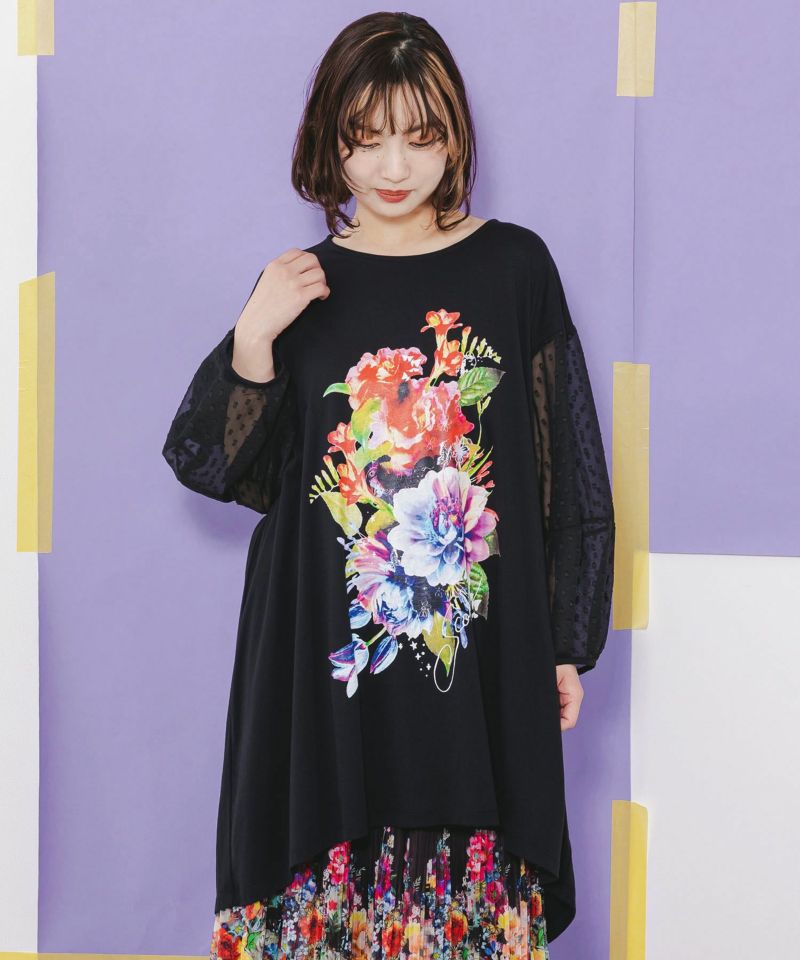 花柄シフォンドットジャガード切替ワンピース-1