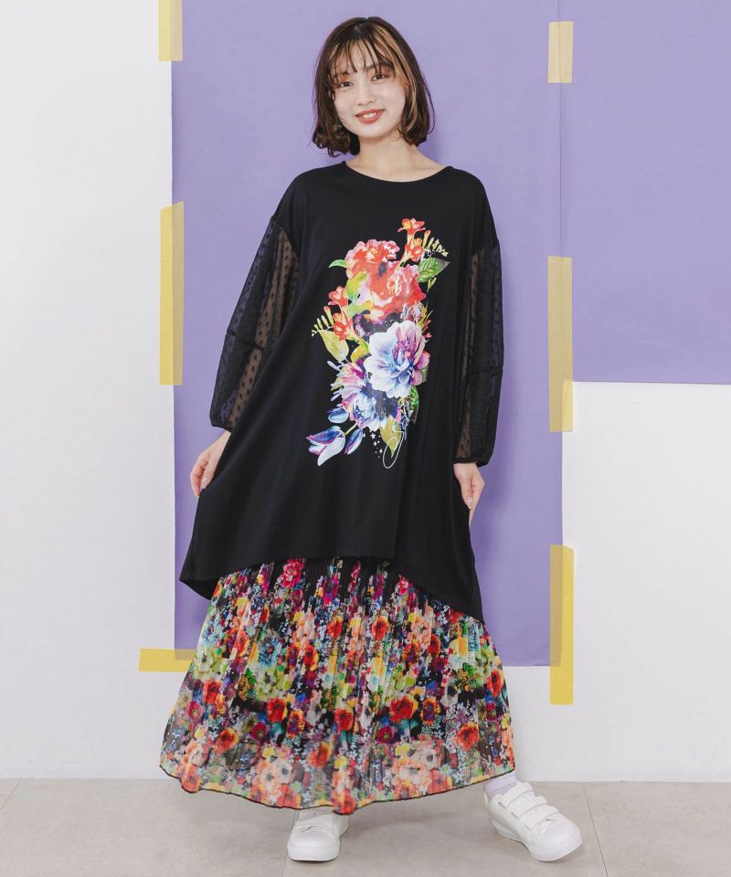 花柄シフォンドットジャガード切替ワンピース-2