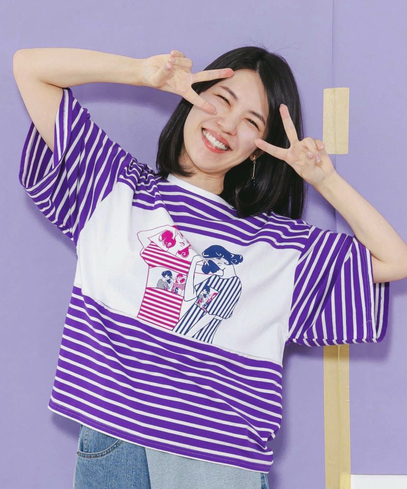 女の子柄ボーダー切替Tシャツ-1