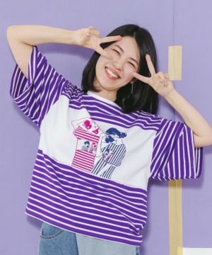 女の子柄ボーダー切替Tシャツ-1