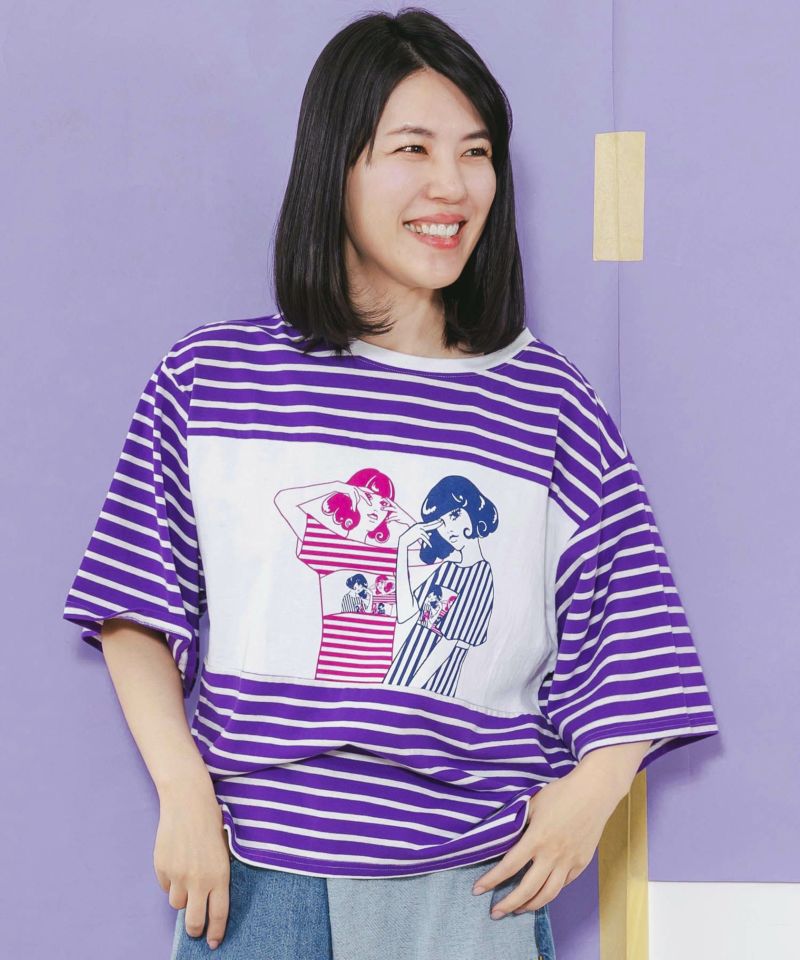 女の子柄ボーダー切替Tシャツ-3