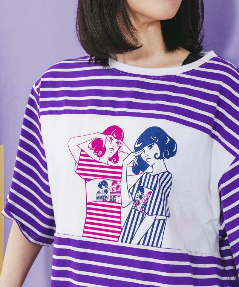 女の子柄ボーダー切替Tシャツ-6