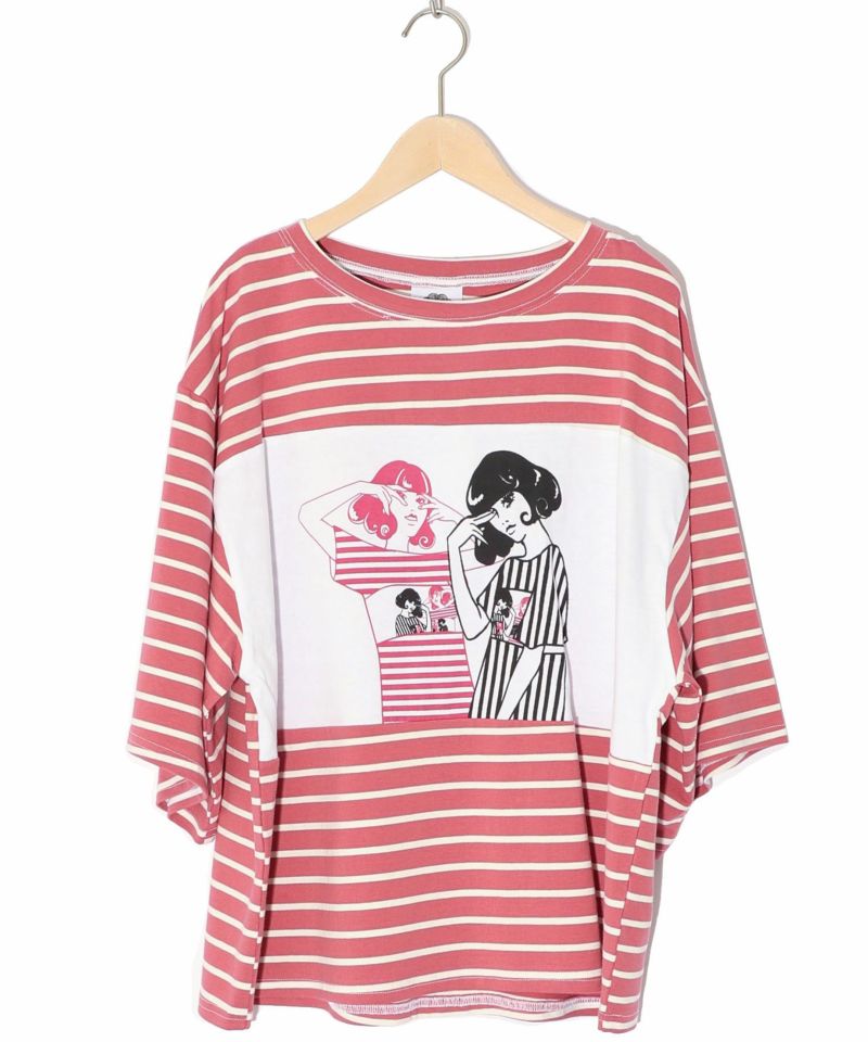 女の子柄ボーダー切替Tシャツ-7