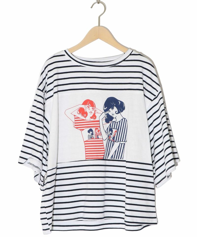 女の子柄ボーダー切替Tシャツ-9