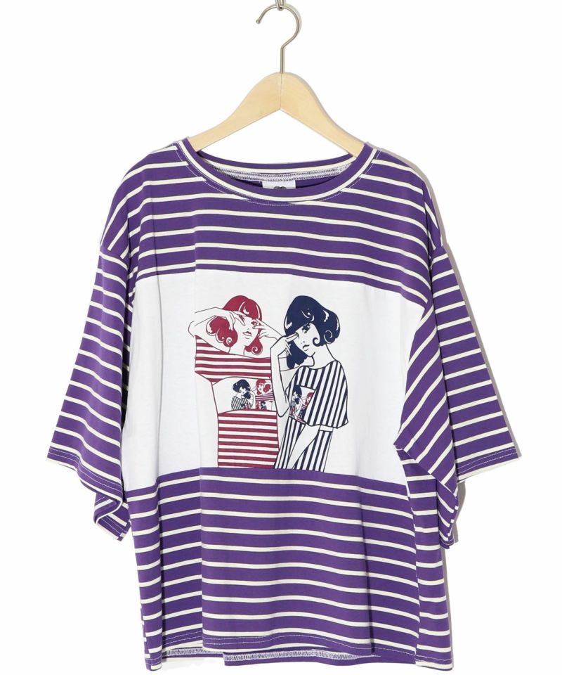 女の子柄ボーダー切替Tシャツ-11