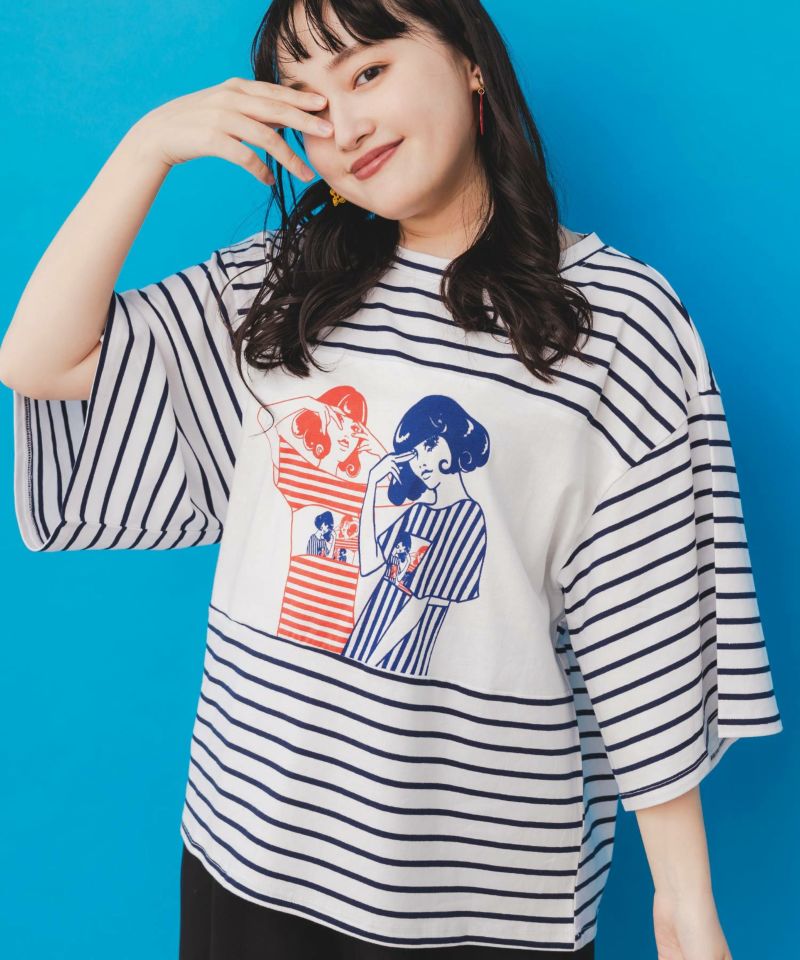 女の子柄ボーダー切替Tシャツ-13