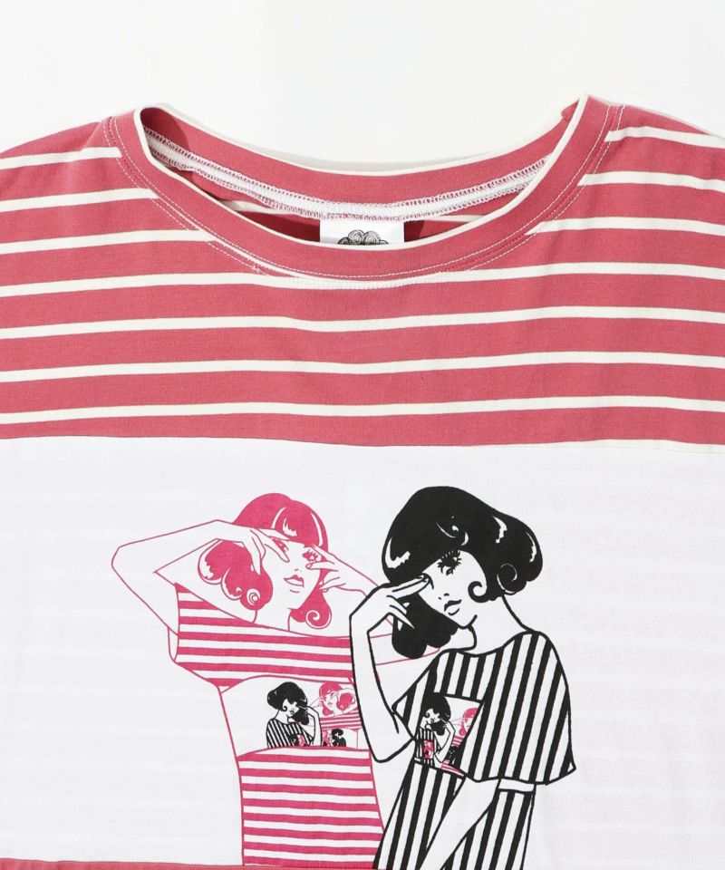 女の子柄ボーダー切替Tシャツ-18