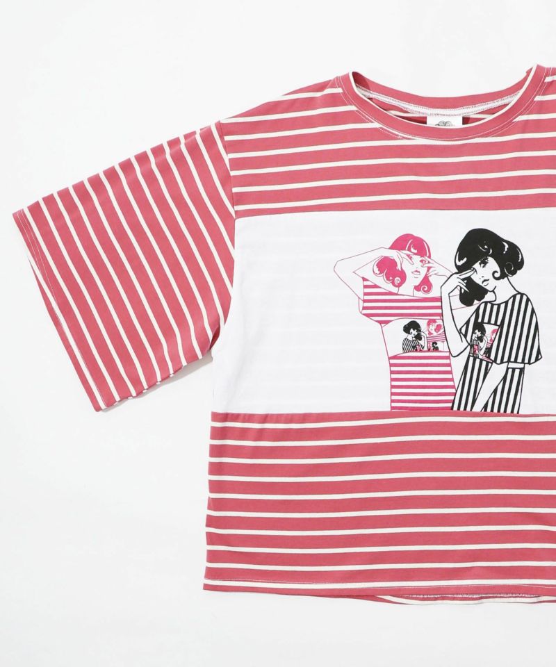 女の子柄ボーダー切替Tシャツ-19