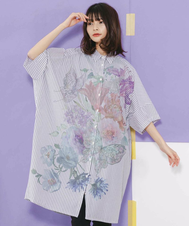 蝶花柄シャツワンピース-1