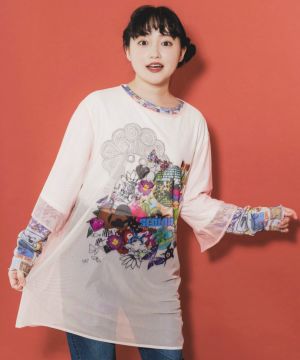 スカラーちゃんとネコ花バラ チュール重ねTシャツ-1