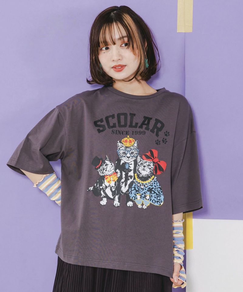 アームカバー付き おめかしネコ柄Tシャツ-1