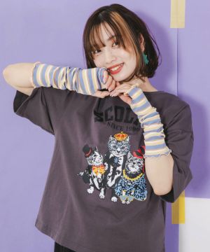 アームカバー付き おめかしネコ柄Tシャツ-3