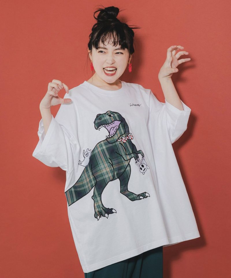 クマとウサギとティラノサウルス 仲良しアップリケTシャツ-1