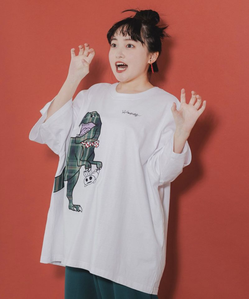 クマとウサギとティラノサウルス 仲良しアップリケTシャツ-3