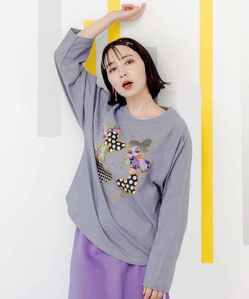 蝶とスカラーちゃんの刺繍アップリケ ロングスリーブTシャツ-2