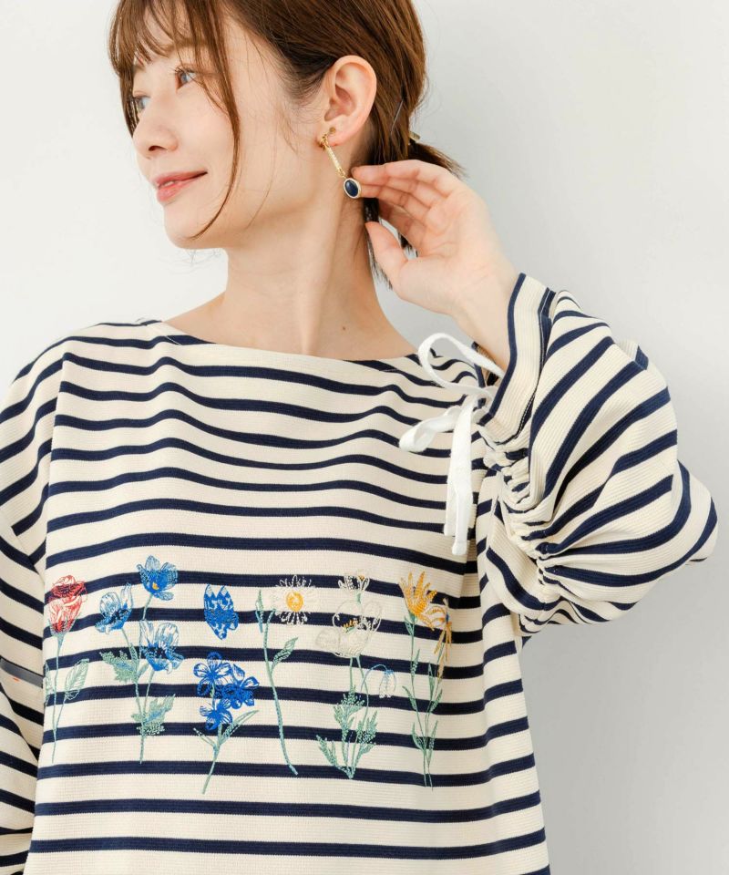 花刺繍ボーダー 袖シャーリング2WAYロングスリーブTシャツ-5