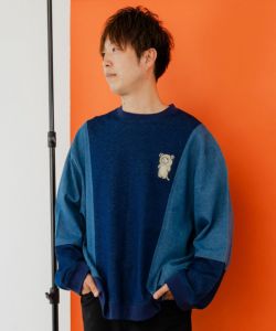 343109：ひつじねこ刺繍アップリケ デニム切替プルオーバーの