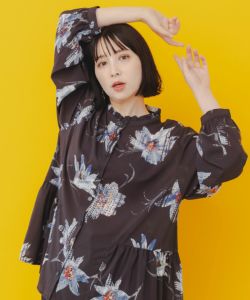 543233:花柄かすれプリント ノーカラーシャツの通販-ScoLar 543233:花柄かすれプリント ノーカラーシャツの通販-ScoLar