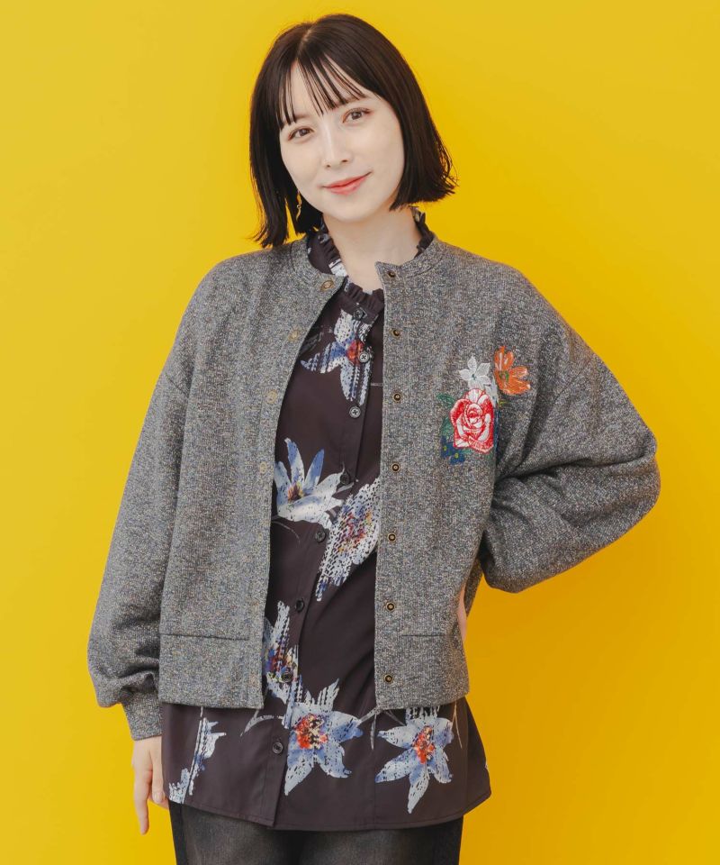 543233：花柄かすれプリント ノーカラーシャツの通販-ScoLar
