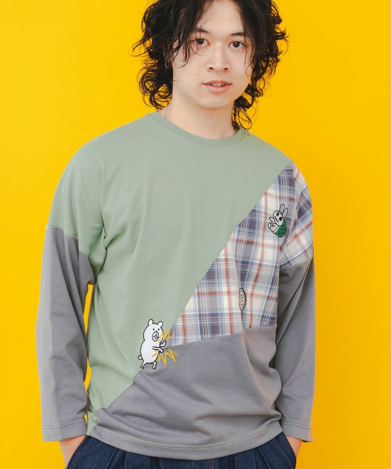 必殺！クマカメ破 刺繍チェック切替ロングスリーブTシャツ-1