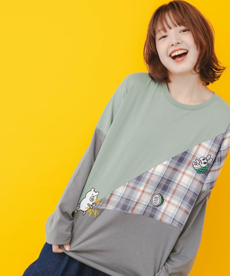 必殺！クマカメ破 刺繍チェック切替ロングスリーブTシャツ-13