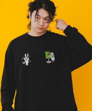 うさぎとクマのすれ違い電話 刺繍ロングスリーブTシャツ-1