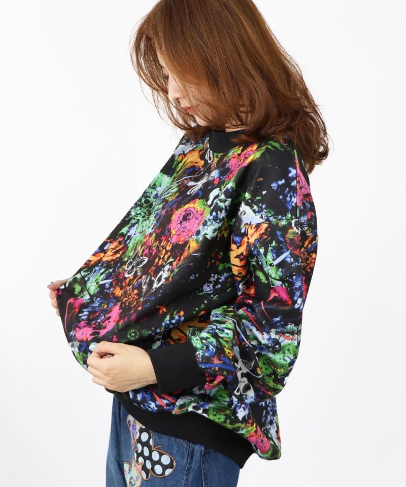 花蝶アート柄 裏起毛プルオーバー-3