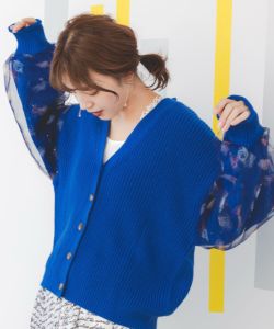 143648：ニット×おめかしネコちゃん チュール切替カーディガンの