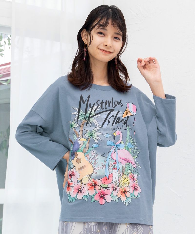 花と鳥たちの楽園プリント 8分袖Tシャツ-2