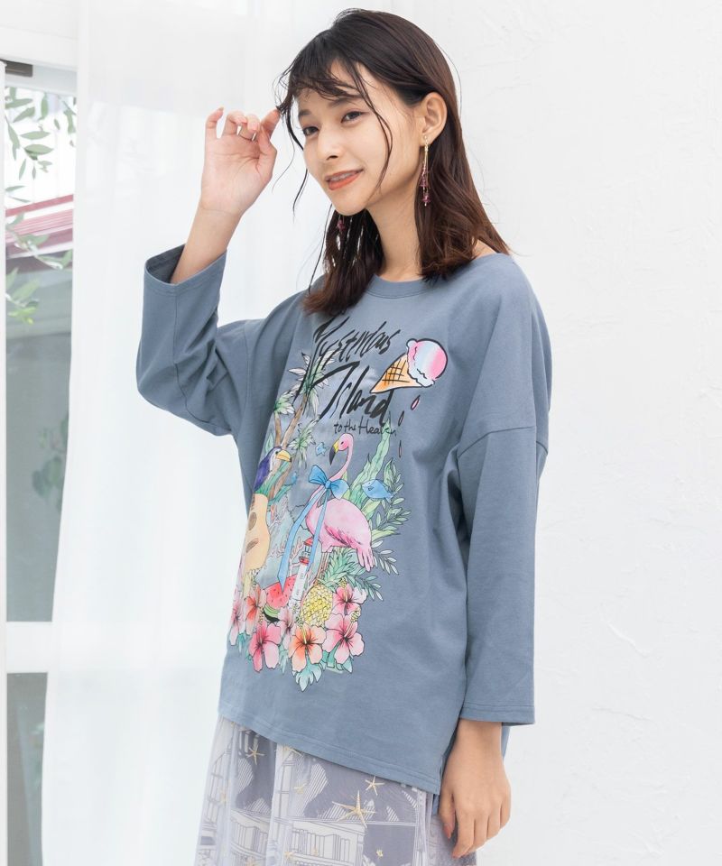 花と鳥たちの楽園プリント 8分袖Tシャツ-4