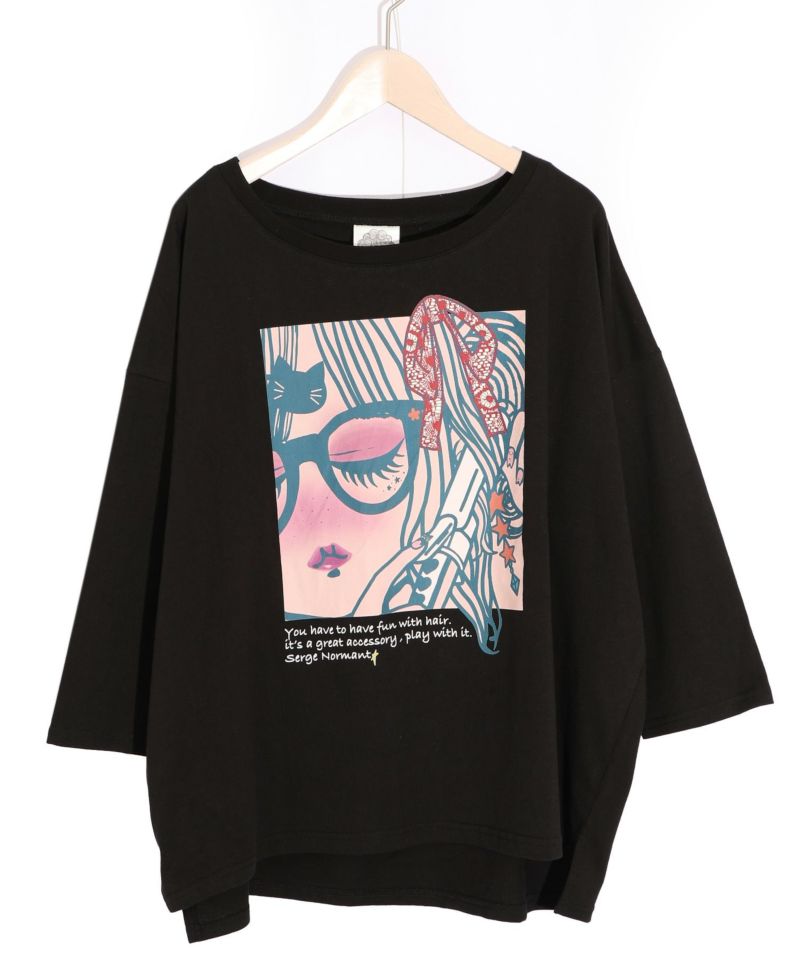 ヘアアレンジ中の女の子プリント 8分袖Tシャツ-9