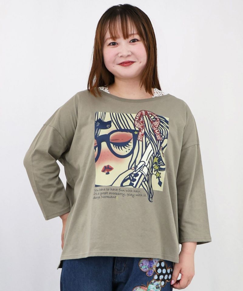 ヘアアレンジ中の女の子プリント 8分袖Tシャツ-15