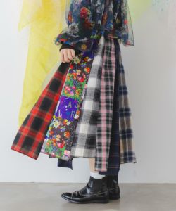 143756：花ネコ柄切替チェック柄スカートの通販-ScoLar