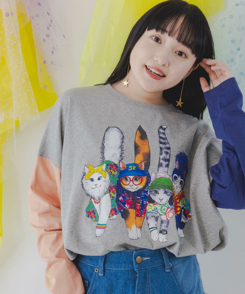 ネコ柄バイカラーロングスリーブTシャツ-1