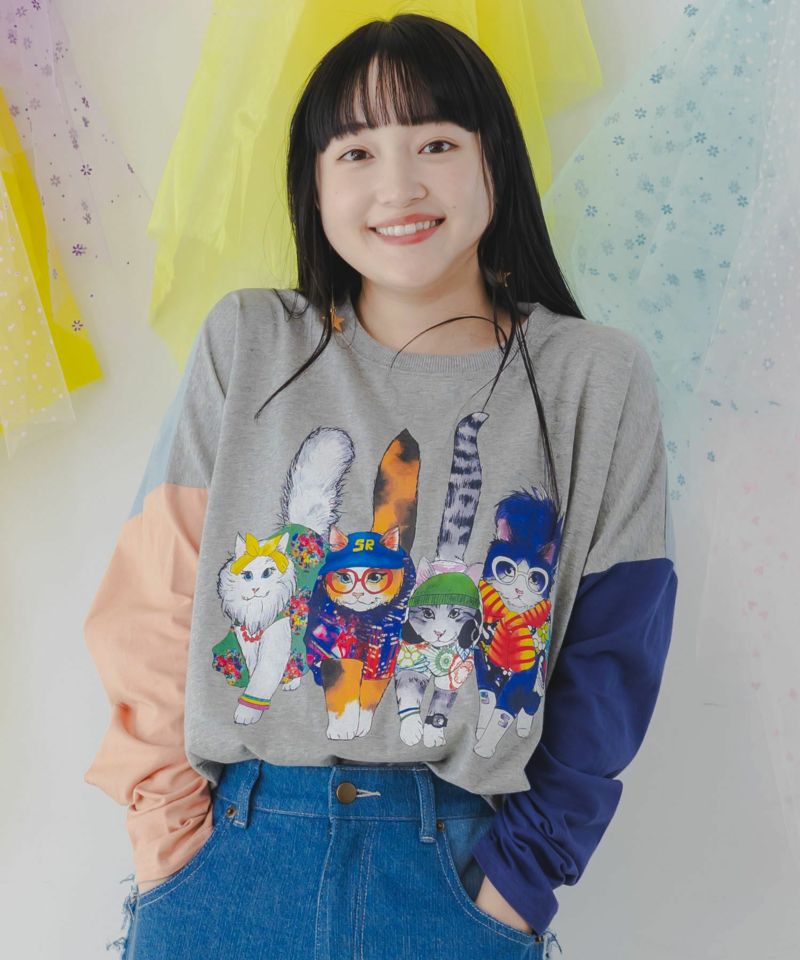 ネコ柄バイカラーロングスリーブTシャツ-3