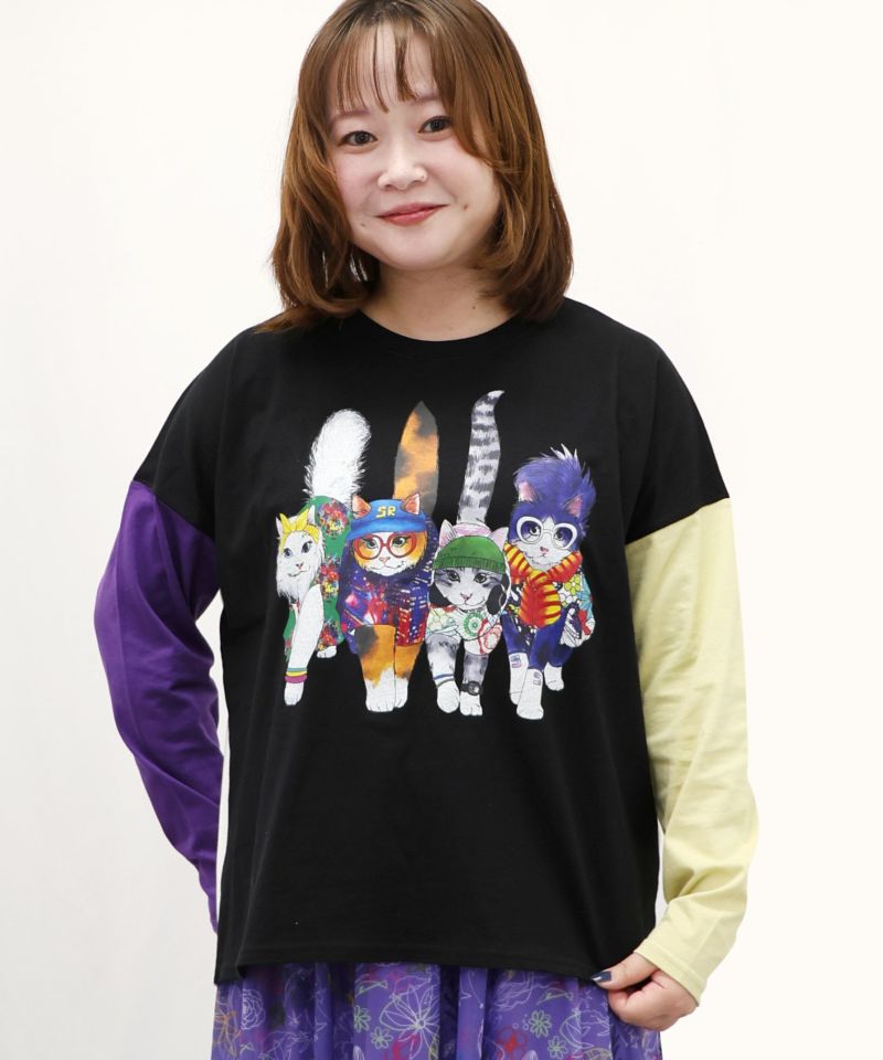 ネコ柄バイカラーロングスリーブTシャツ-13