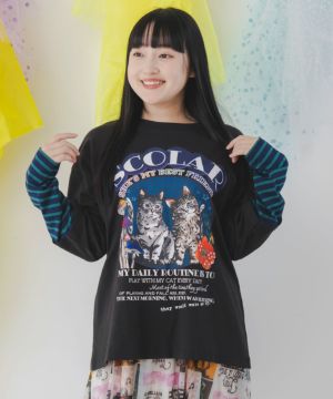 ネコ柄ボーダー切替ロングスリーブTシャツ-1