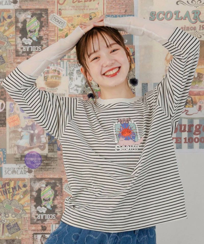 窓辺のネコ刺繍 袖チュールロングスリーブTシャツ-1