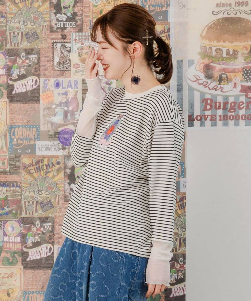 窓辺のネコ刺繍 袖チュールロングスリーブTシャツ-4