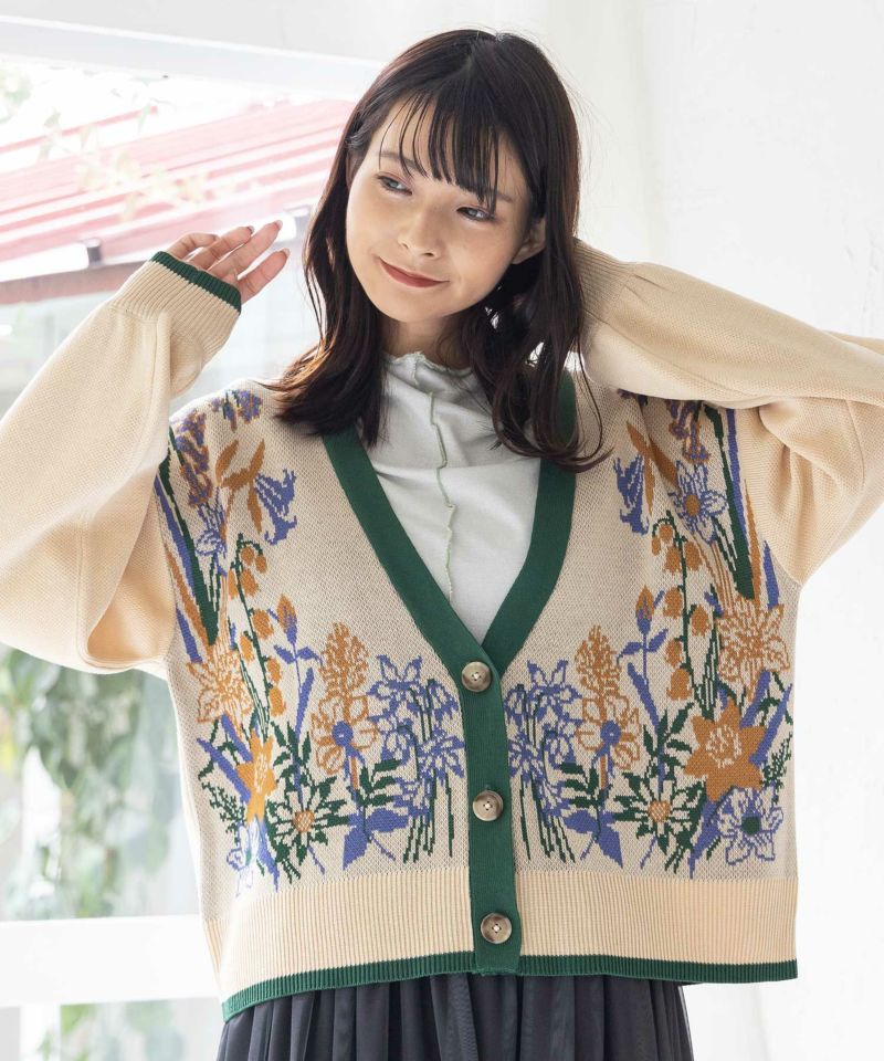 花柄ジャガードニットカーディガン-1
