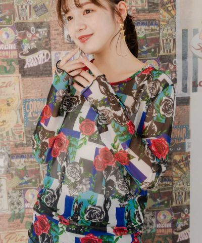 151608：蝶花ネコとウサギ 3柄展開チュールロングスリーブTシャツ