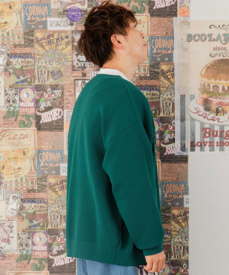 風雷刺繍メッシュ編み ニットカーディガン-4