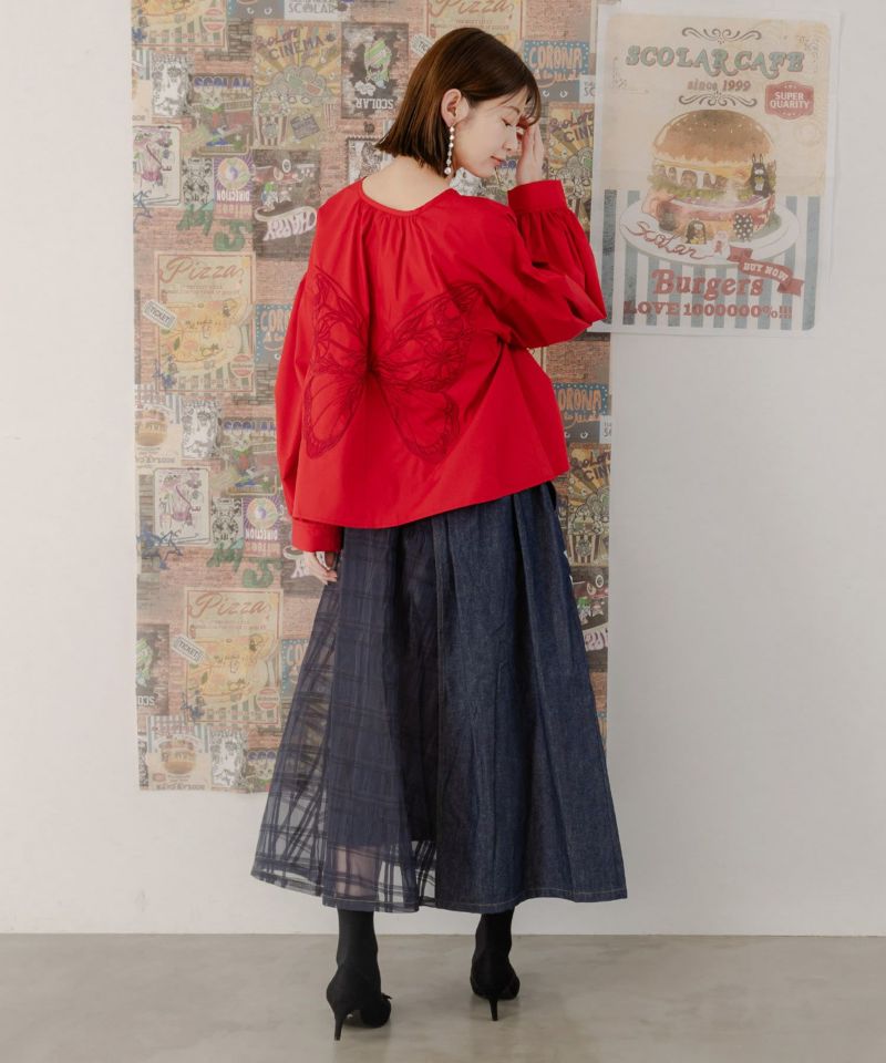 シアーチェック異素材切替 蝶刺繍スカート-4