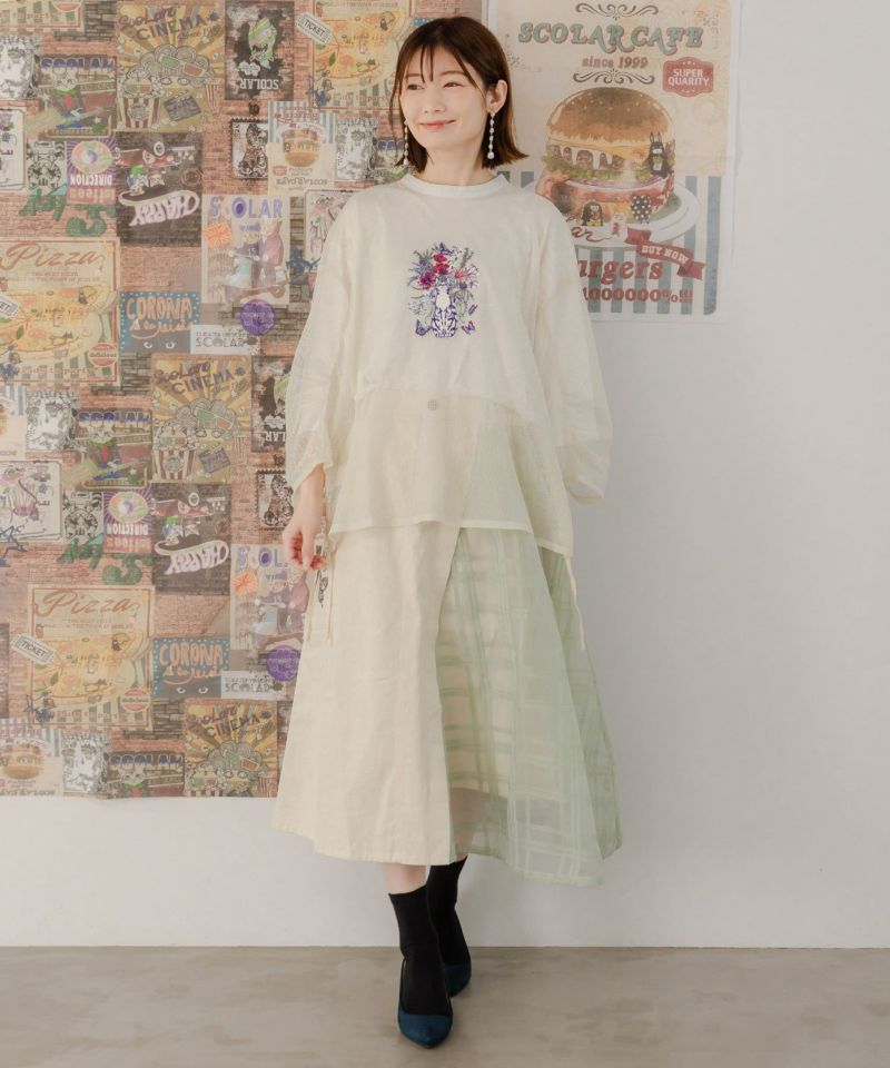 シアーチェック異素材切替 蝶刺繍スカート-19