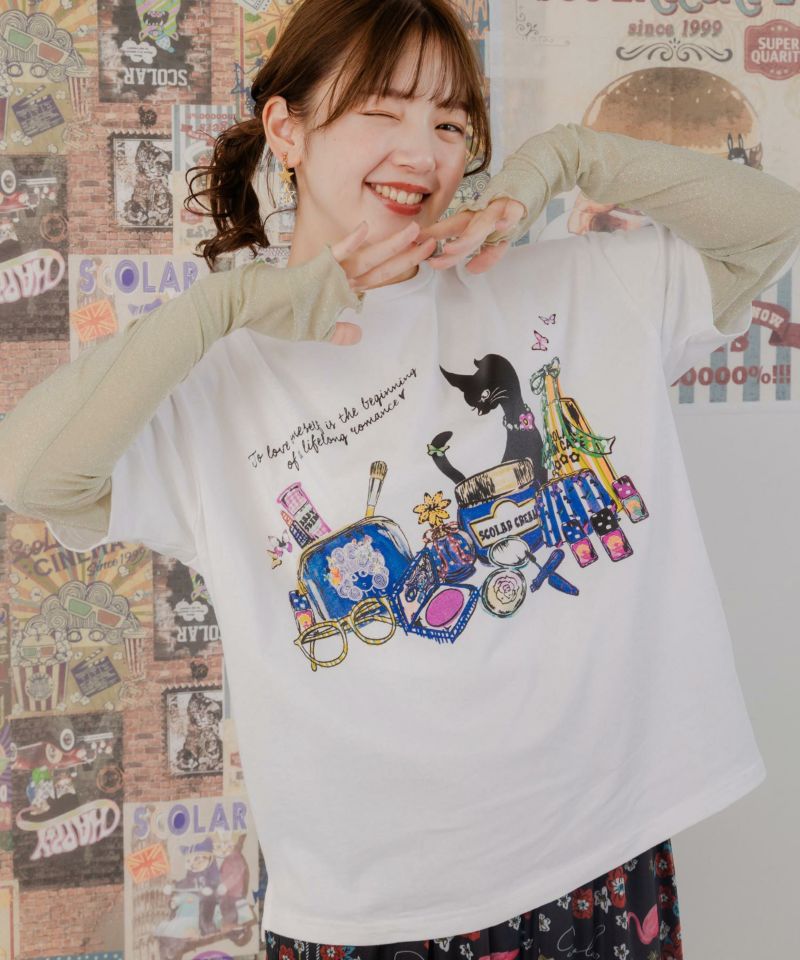 ネコとコスメ柄 チュール切替ロングスリーブTシャツ-1