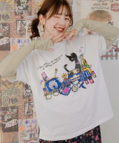 151639：ネコとコスメ柄 チュール切替ロングスリーブTシャツ