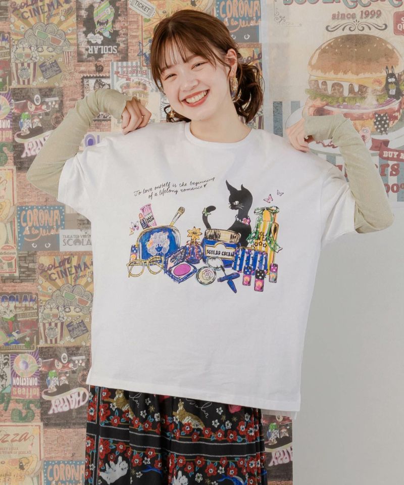 ネコとコスメ柄 チュール切替ロングスリーブTシャツ-3