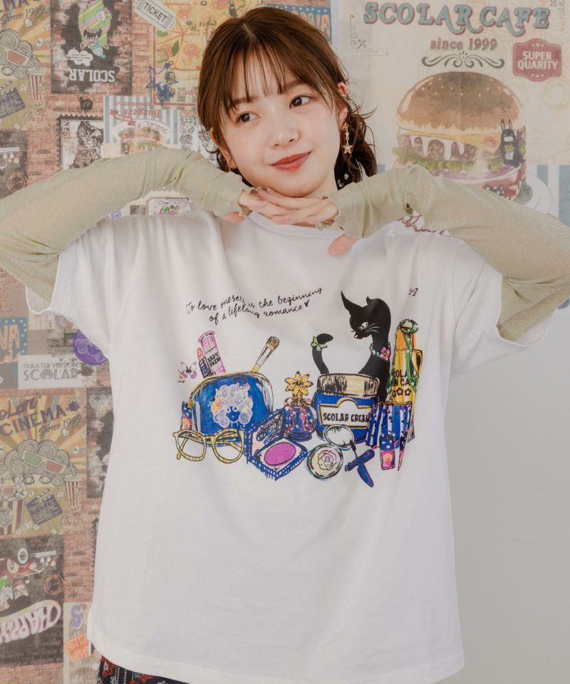 ネコとコスメ柄 チュール切替ロングスリーブTシャツ-4